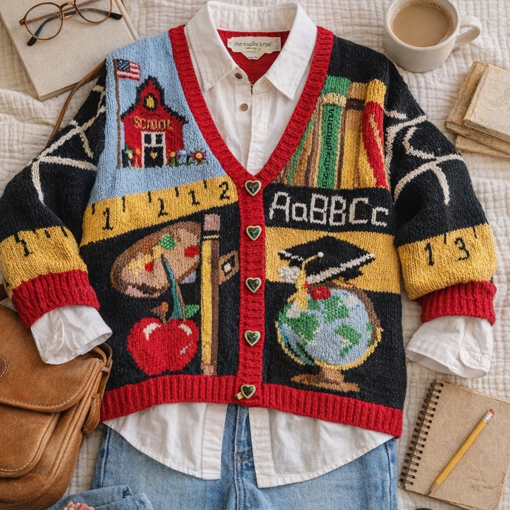 Vintage The Eagles’s Eye Teacher Hand Knit School Sweater School Apple Chalkboad